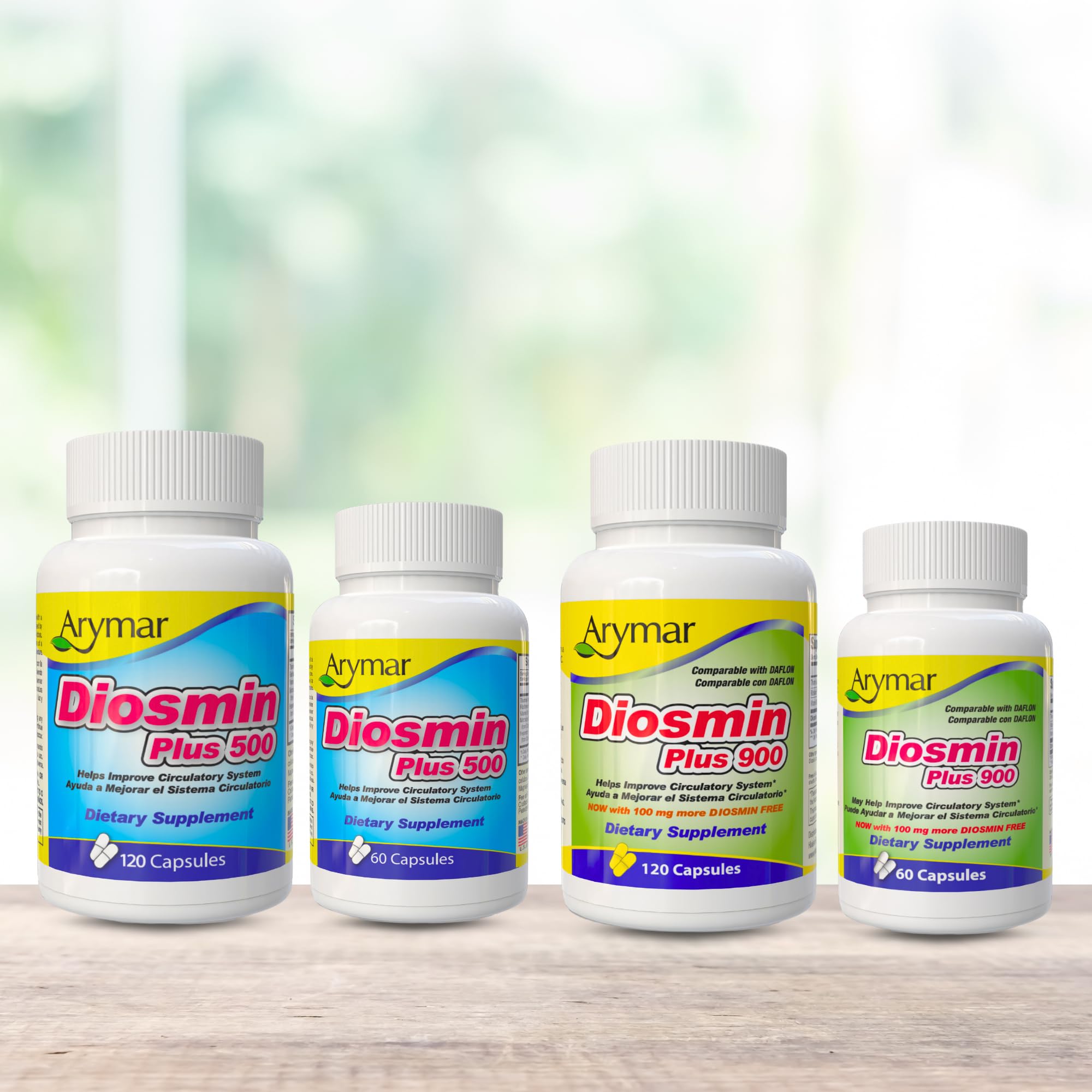 Arymar Diosmin Plus 900 bottle with glass of water suggests easy daily intake.