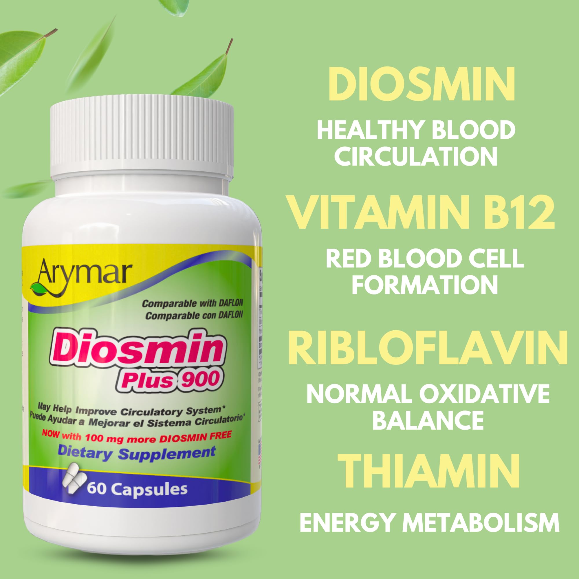 Arymar Diosmin Plus 900 ingredients panel shows diosmin with B vitamins for energy.