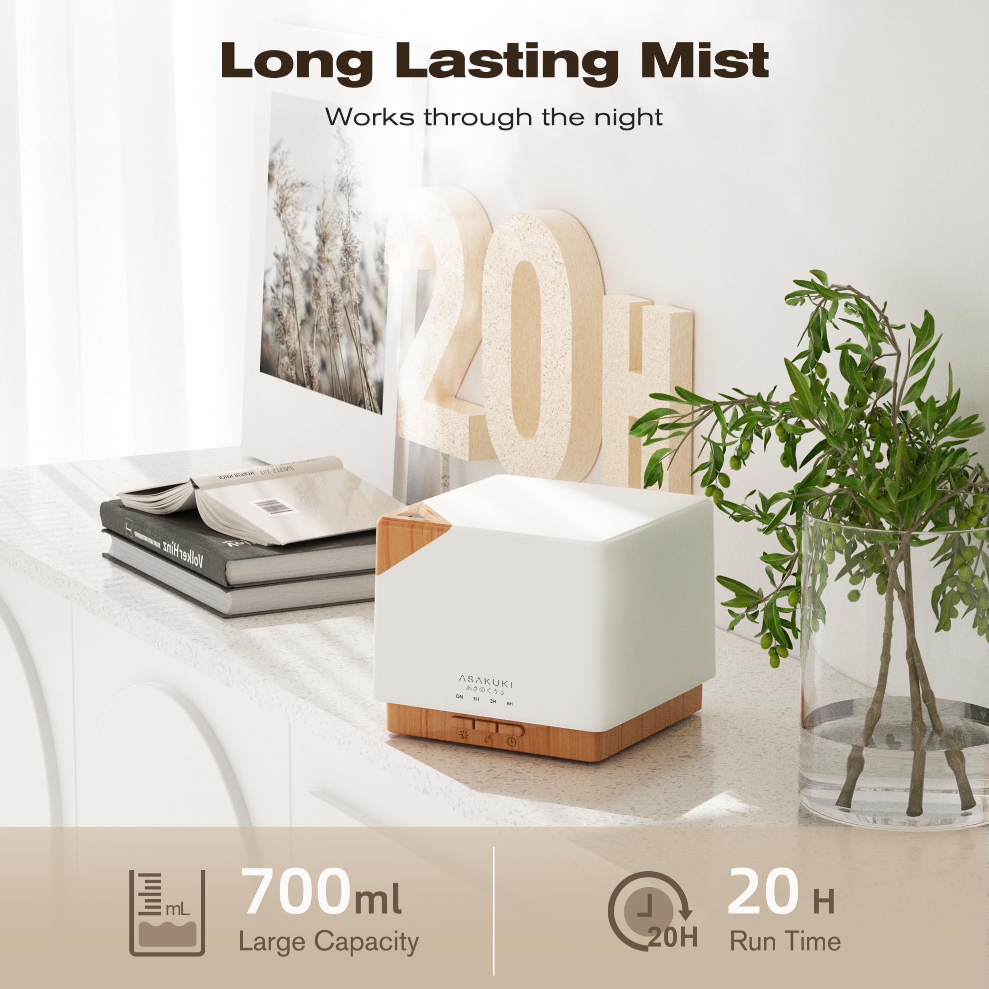 ASAKUKI diffuser demonstrating mist diffusion modes for customizable aroma experiences.