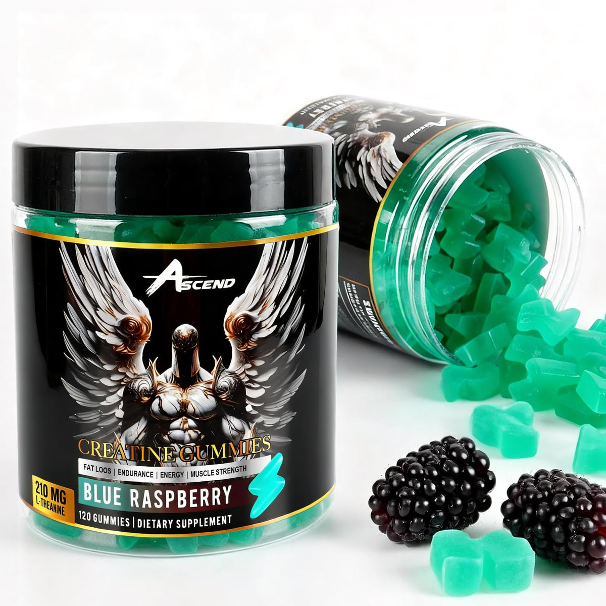 Ascend Creatine Monohydrate Gummies blue raspberry bottle for post-workout fueling.