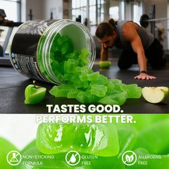 Ascend Creatine Monohydrate Gummies close-up showing vegan and gluten-free label.