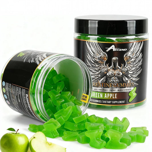 Ascend Creatine Monohydrate Gummies green apple tub ready for workouts.