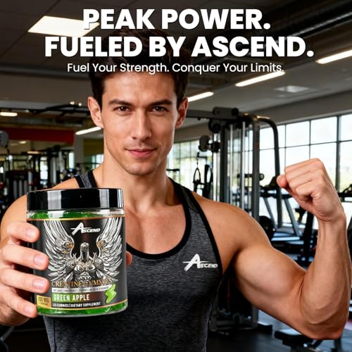 Ascend Creatine Monohydrate Gummies strawberry flavor tub for on-the-go training.