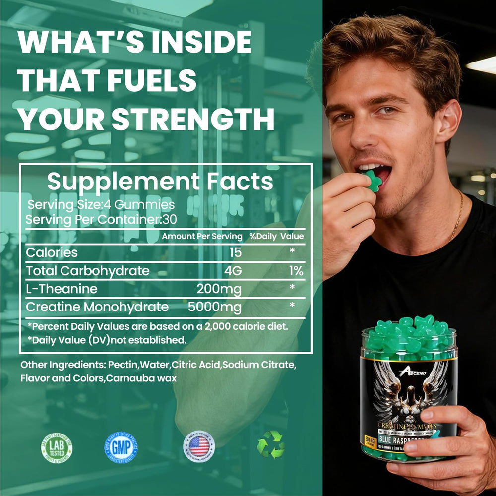 Ascend Creatine Monohydrate Gummies vegan gluten-free icon emphasizes dietary compatibility.