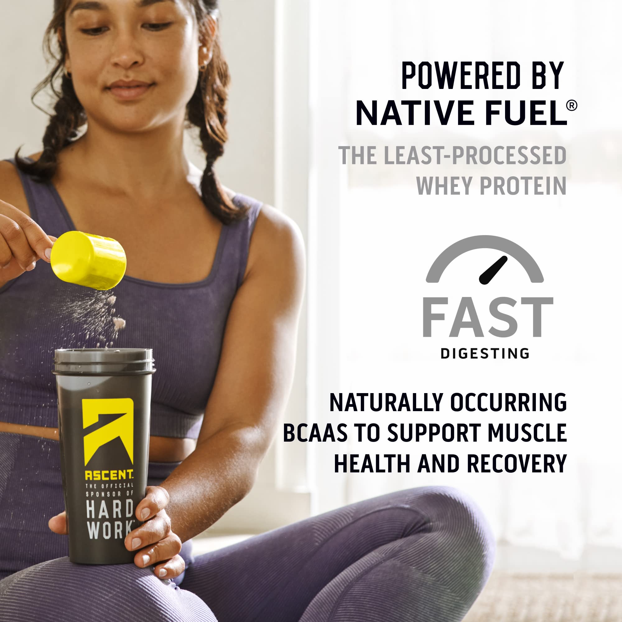 Ascent 100% Whey Vanilla Bean label highlighting gluten-free, soy-free nutrition
