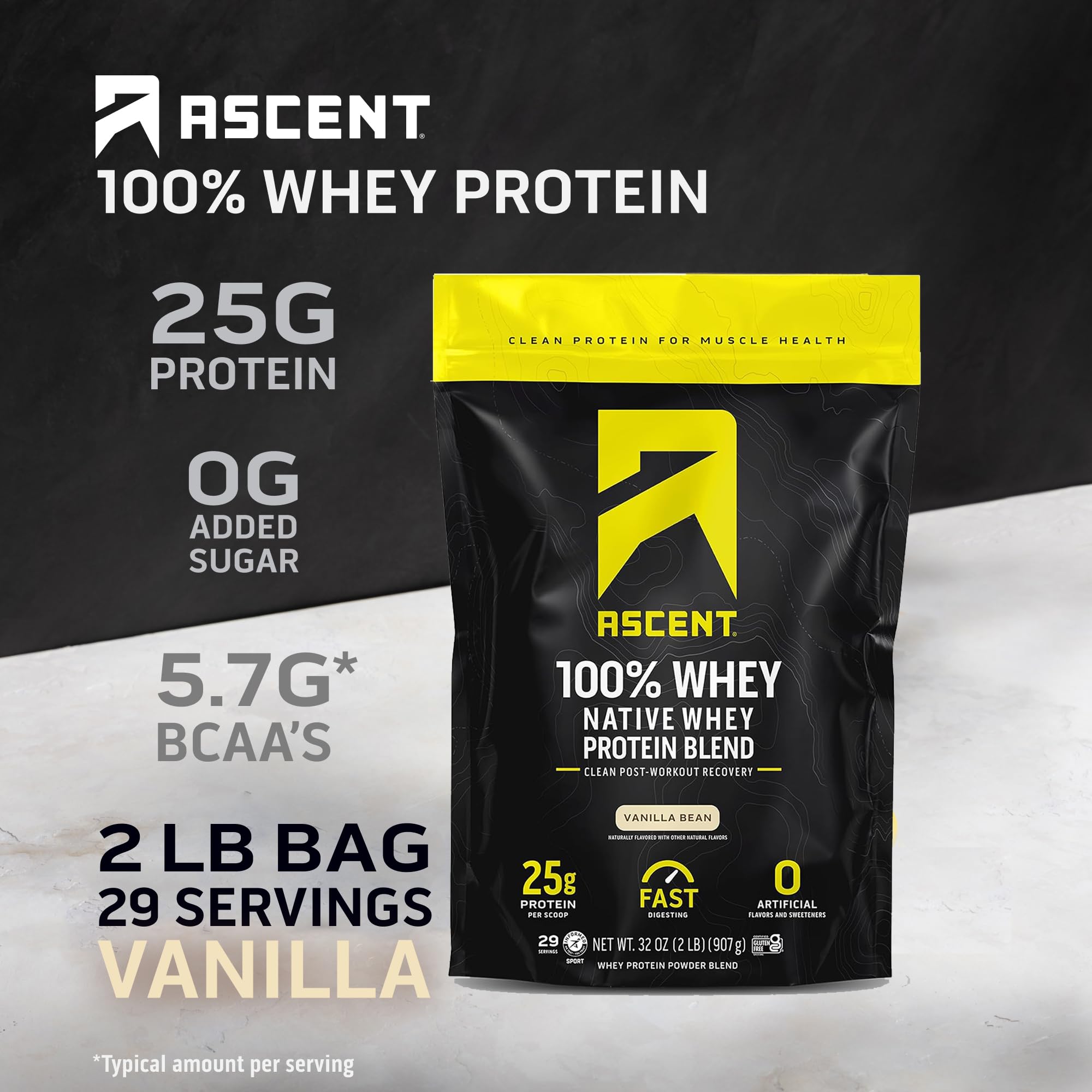 Ascent 100% Whey Vanilla Bean protein powder showing smooth mix and clean ingredients