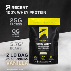 Ascent 100% Whey Vanilla Bean protein powder showing smooth mix and clean ingredients
