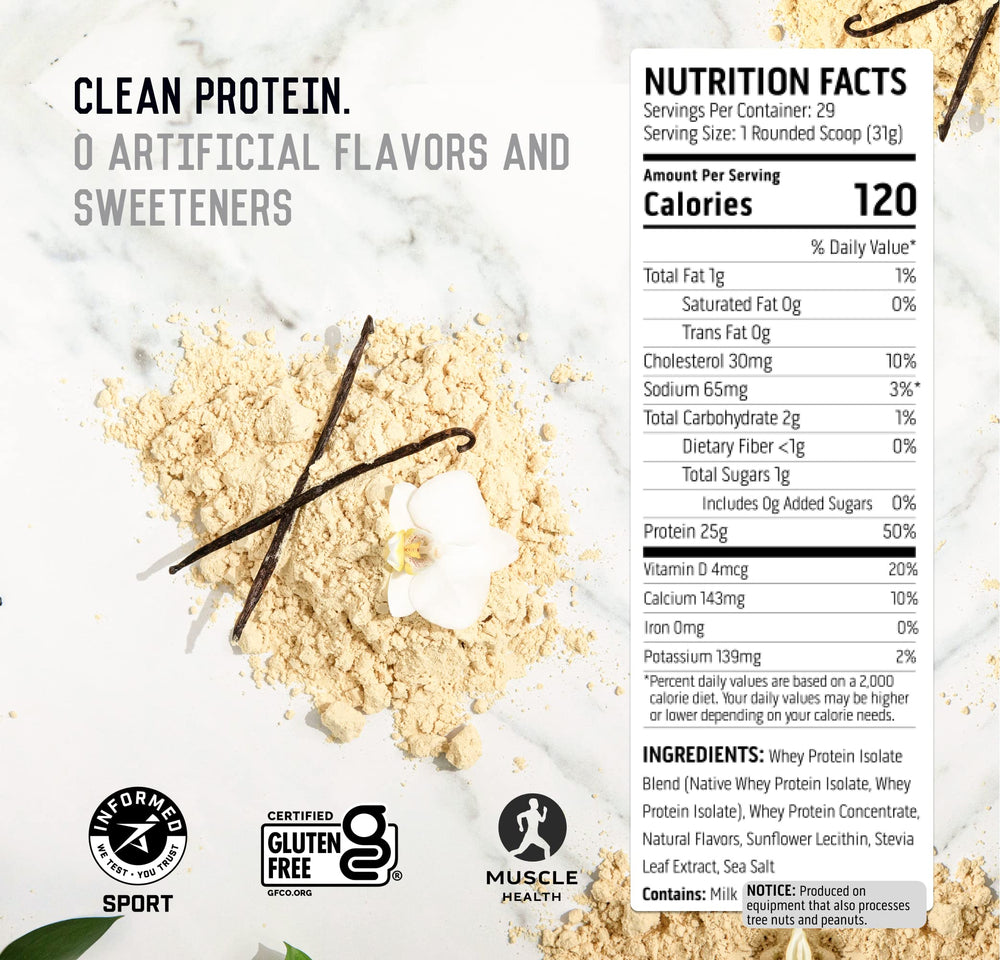 Ascent 100% Whey Vanilla Bean smoothie shake highlighting gluten-free and soy-free nutrition