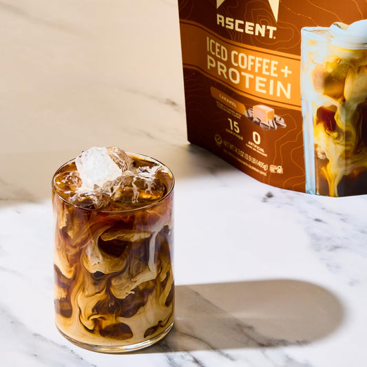 Ascent Caramel Iced Coffee Protein Glass Pour captures creamy, caffeinated iced coffee in a glass.