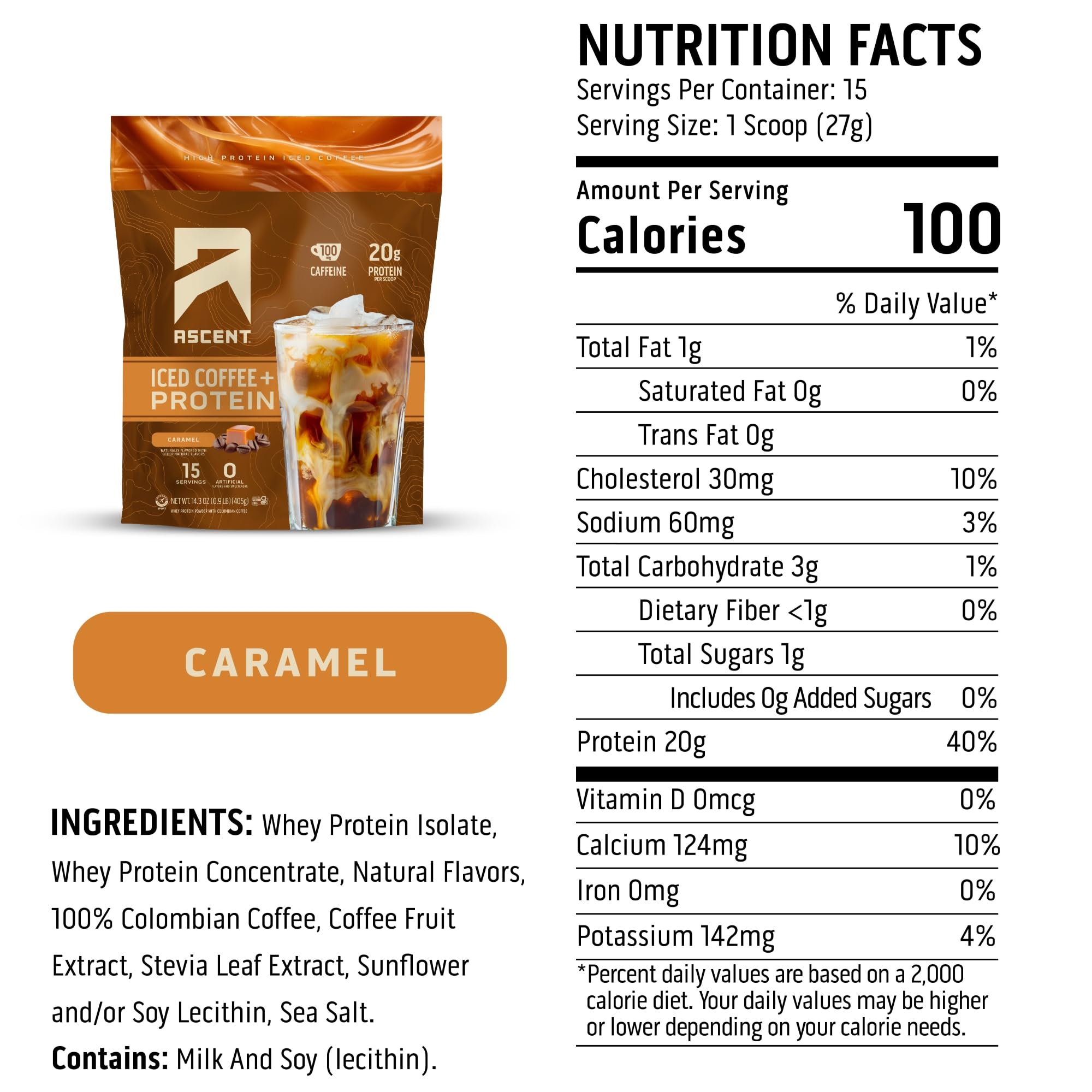 Ascent Caramel Iced Coffee Protein Packaging emphasizes clean ingredients and no artificial additives.