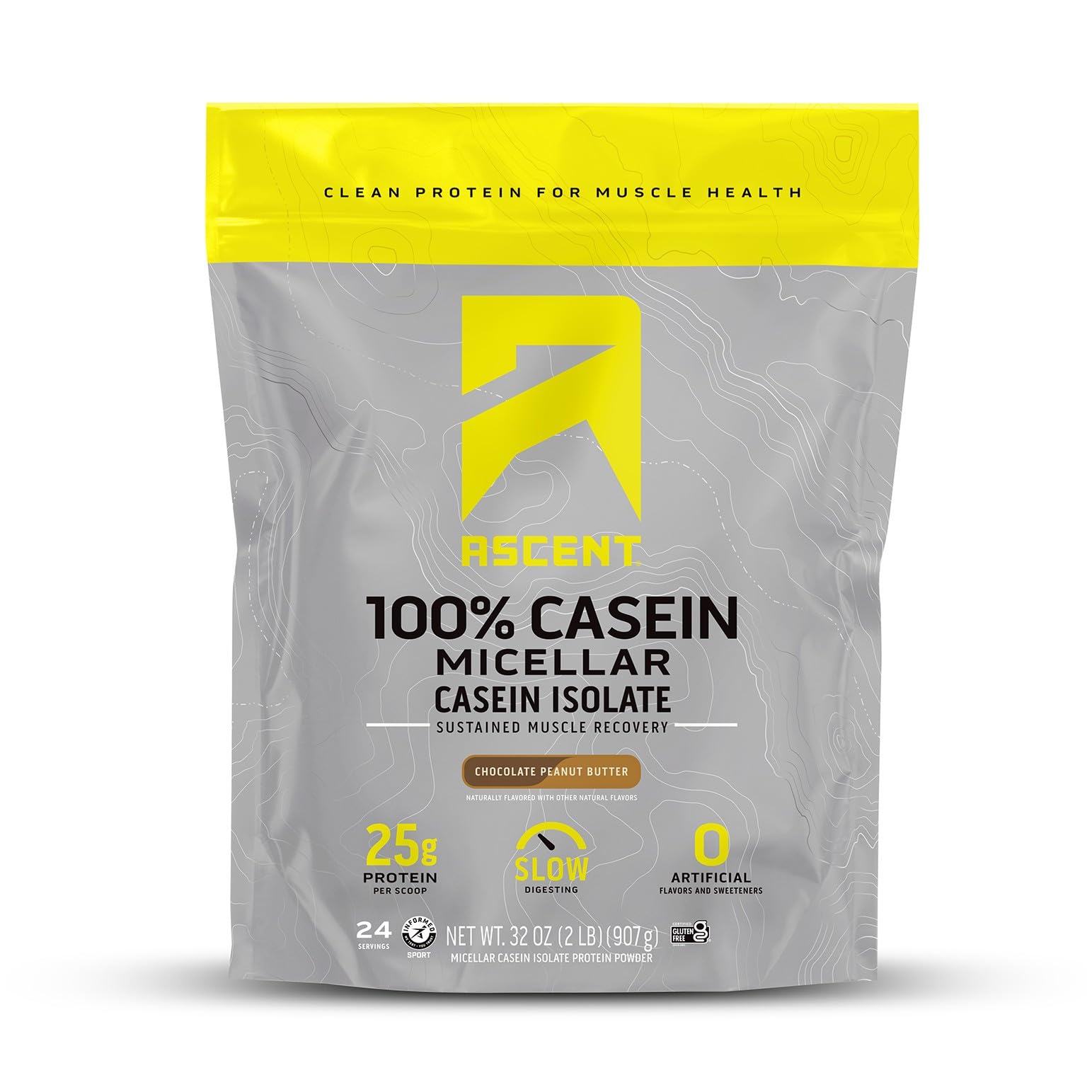 Ascent Casein Protein Powder tub with 25g protein per serving for steady recovery.