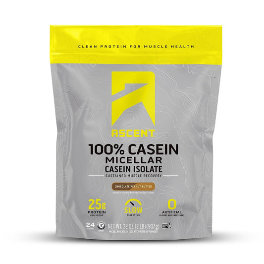 Ascent Casein Protein Powder tub with 25g protein per serving for steady recovery.