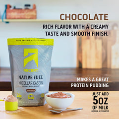 Ascent Casein chocolate powder on kitchen counter for protein-rich recipes