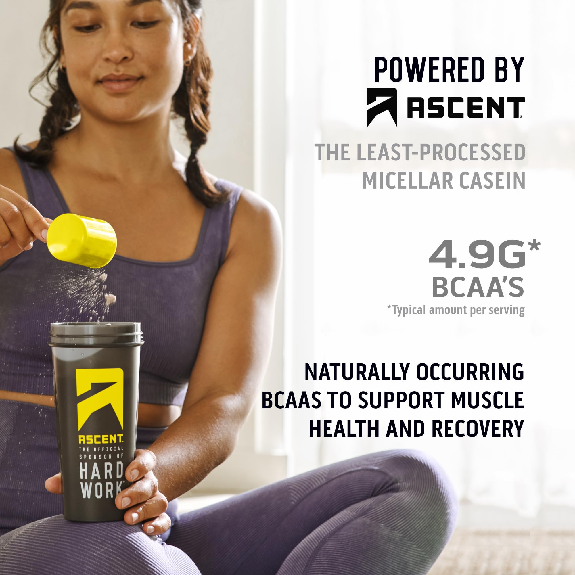 Shelf packaging of Ascent Casein Vanilla Bean with collapsible bag design