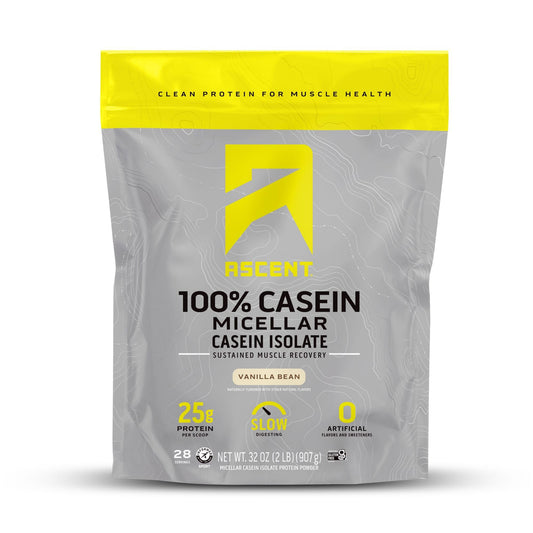 Ascent Casein Vanilla Bean tub showing gluten-free, no added sugar protein powder