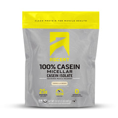 Ascent Casein Vanilla Bean tub showing gluten-free, no added sugar protein powder