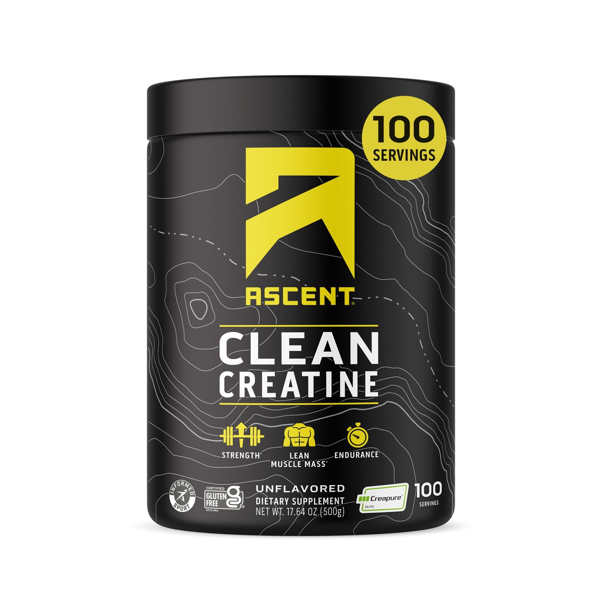 Ascent Clean Creatine Monohydrate powder with a measuring scoop for easy dosing