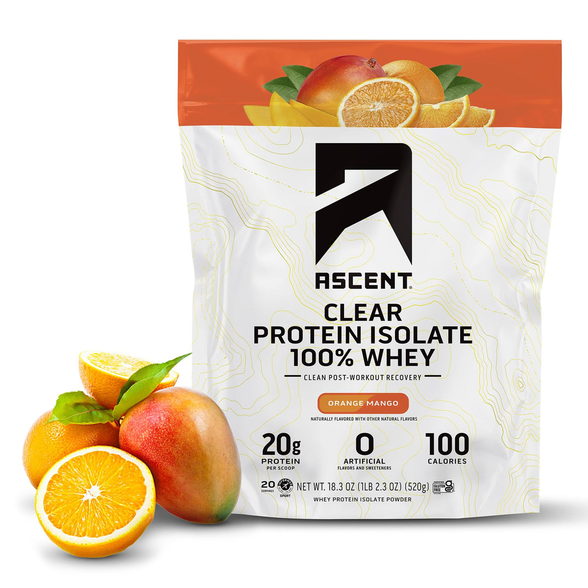 Ascent Clear Whey Orange Mango bottle beside a glass for post-workout refreshment
