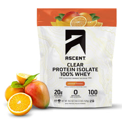 Ascent Clear Whey Orange Mango bottle beside a glass for post-workout refreshment
