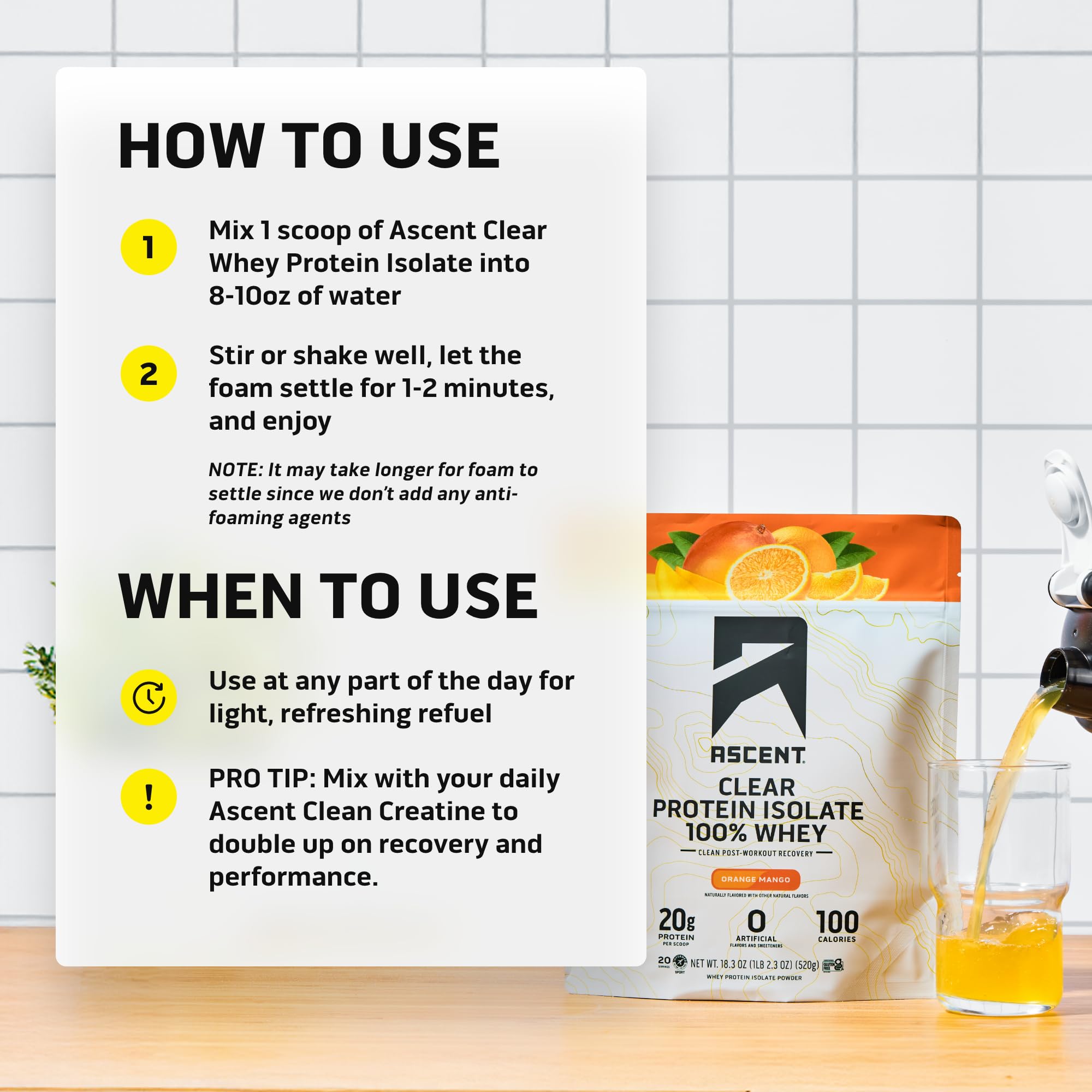 Ascent Clear Whey Orange Mango ingredients label highlights clean formula