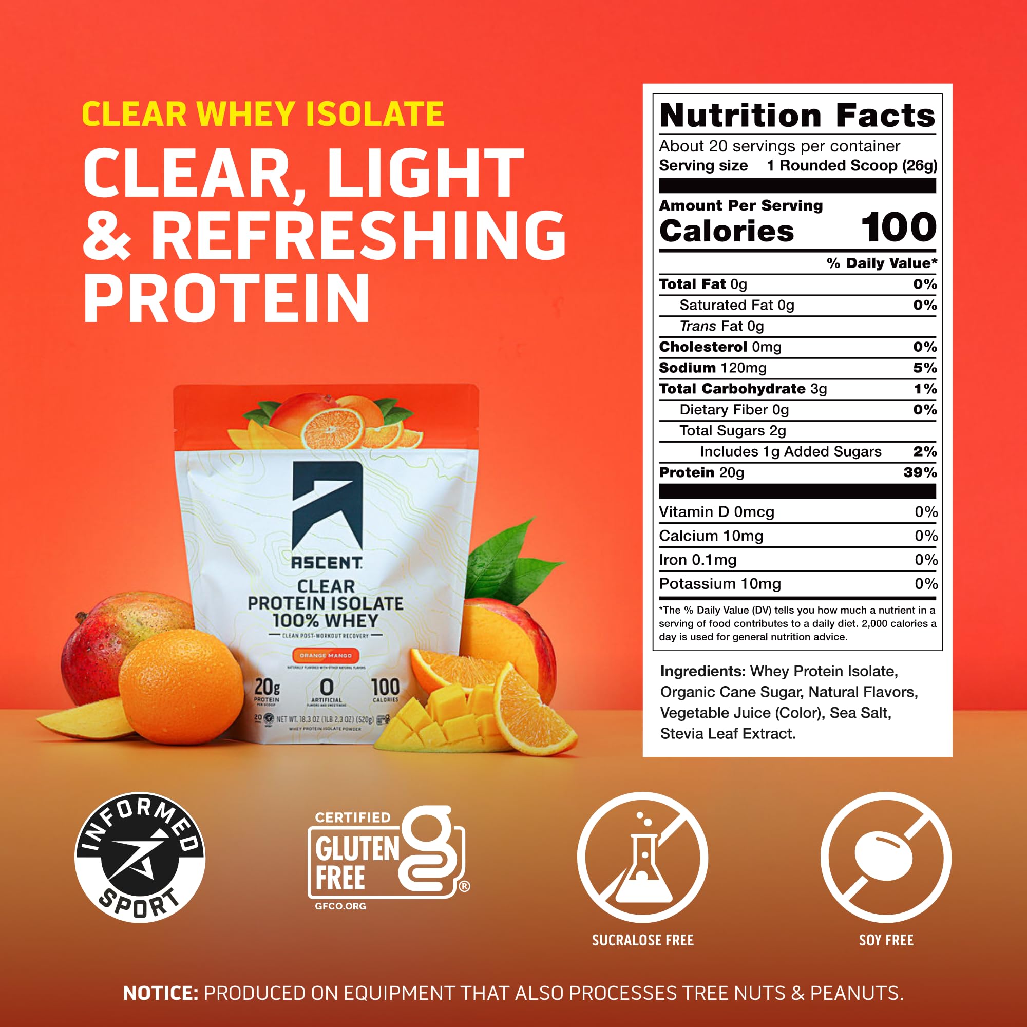 Ascent Clear Whey Orange Mango powder scoop emphasizing 20g protein per serving