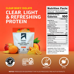 Ascent Clear Whey Orange Mango powder scoop emphasizing 20g protein per serving