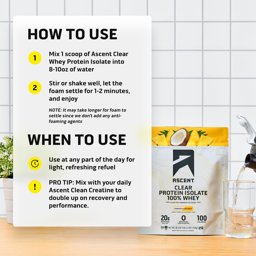 Ascent Clear Whey Pineapple Coconut shake with no foam, smooth texture.