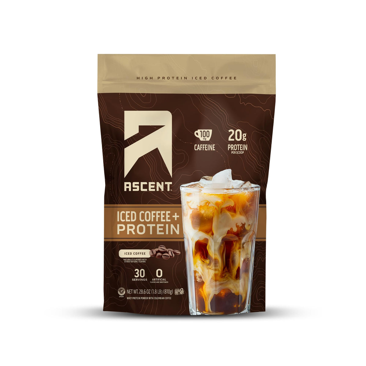 Ascent iced coffee protein powder bottle front with branding for daily energy