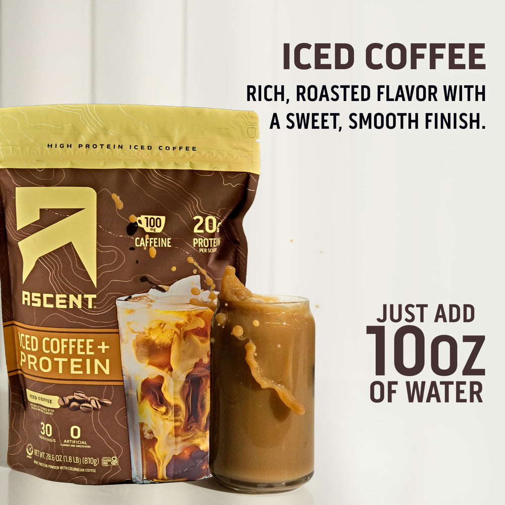 Ascent iced coffee protein powder ingredients close-up highlighting whey protein