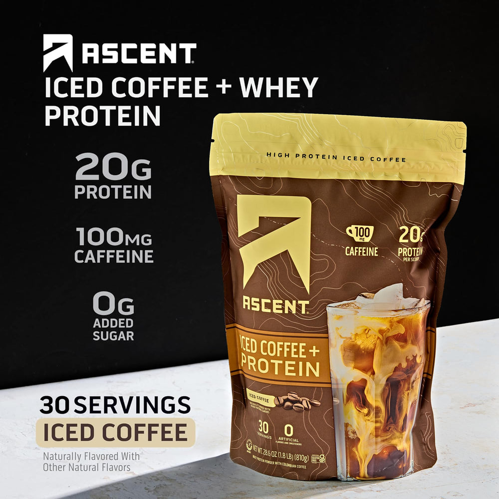 Ascent iced coffee protein powder serving cup showing quick-mix action