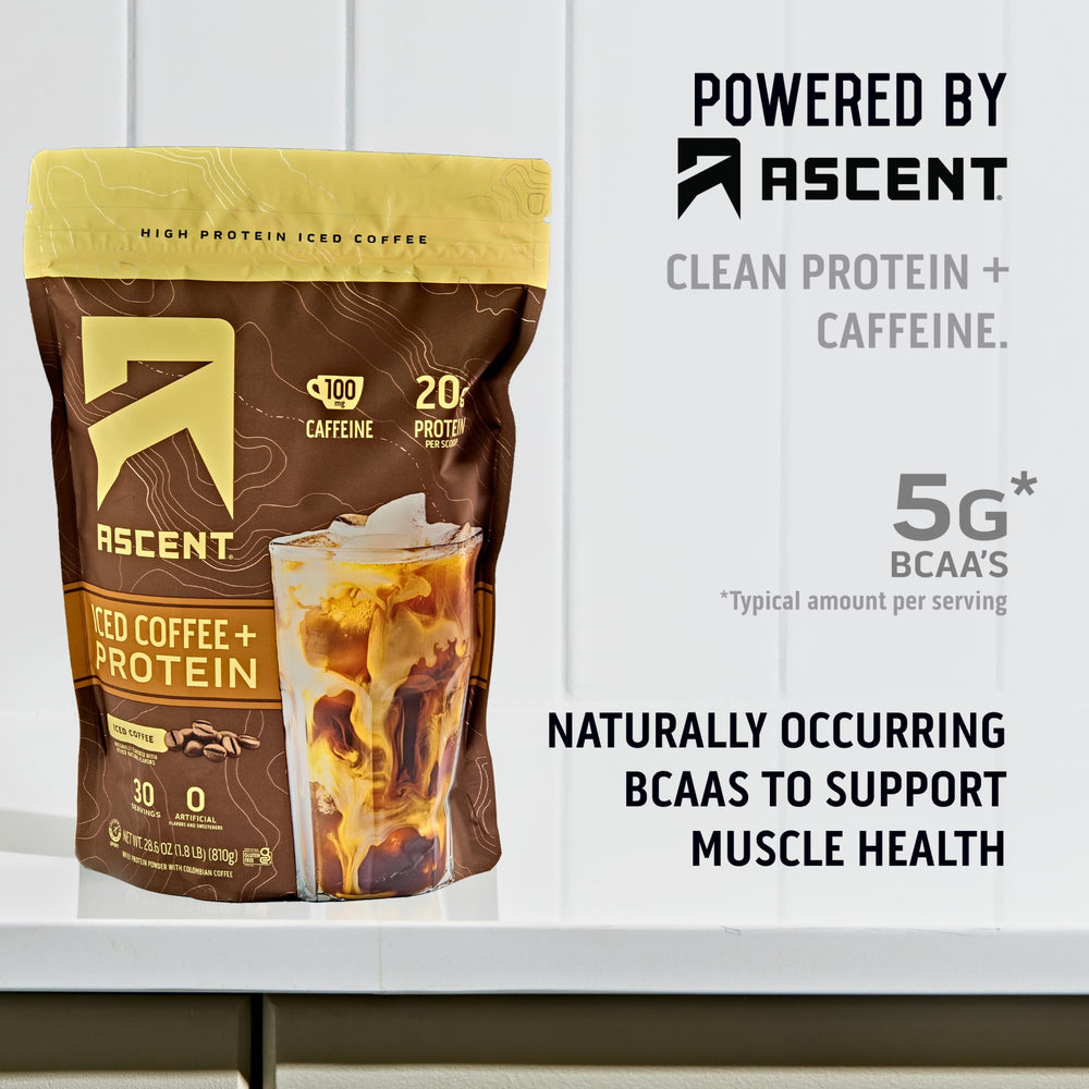 Ascent iced coffee protein powder tub packaging displaying 30 servings