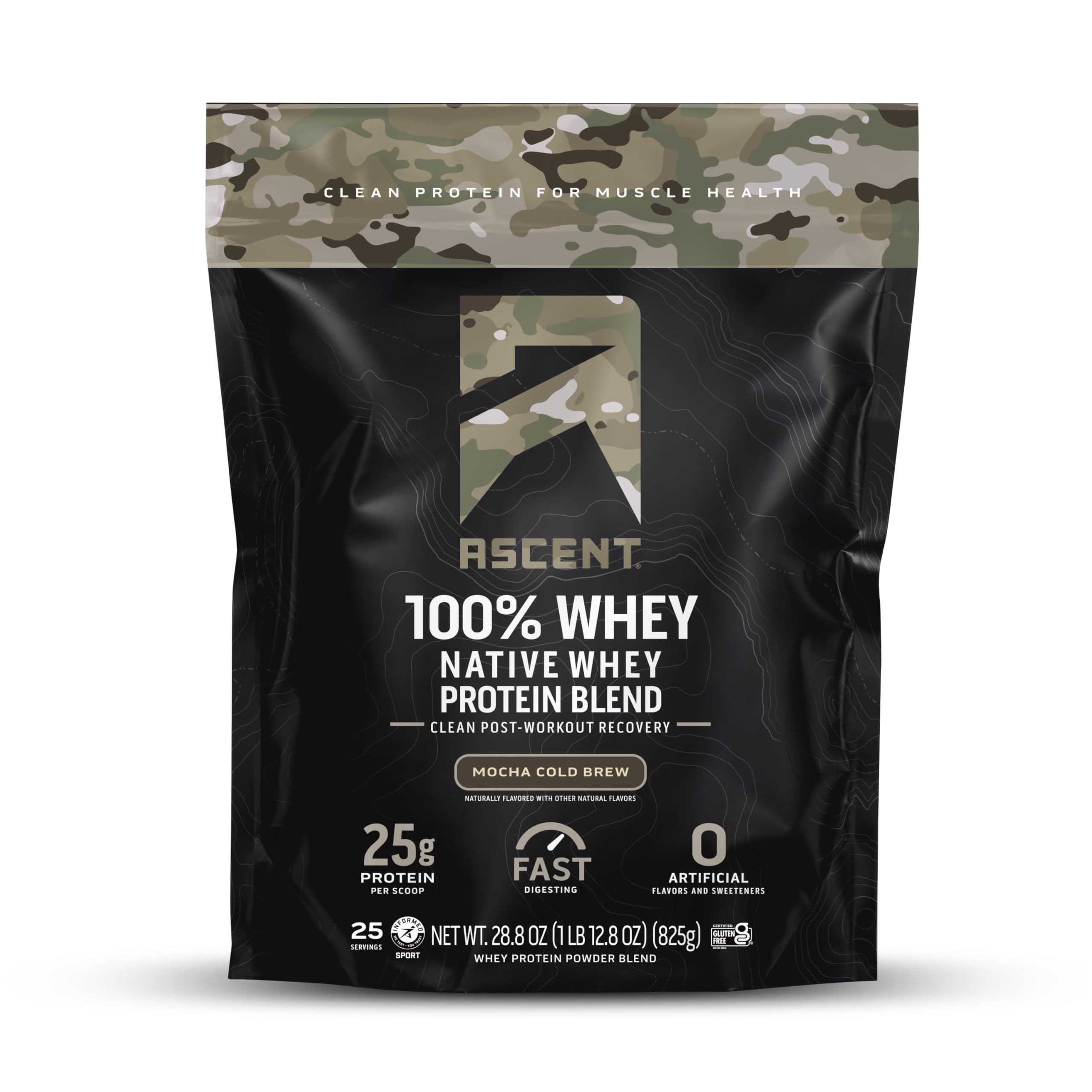 Ascent Mocha Cold Brew whey tub front, ideal for post-workout fueling.