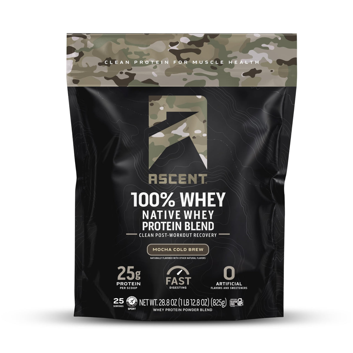 Ascent Mocha Cold Brew whey tub front, ideal for post-workout fueling.