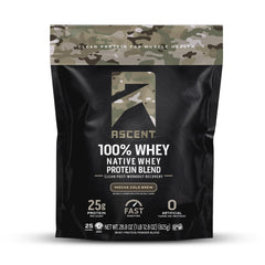 Ascent Mocha Cold Brew whey tub front, ideal for post-workout fueling.