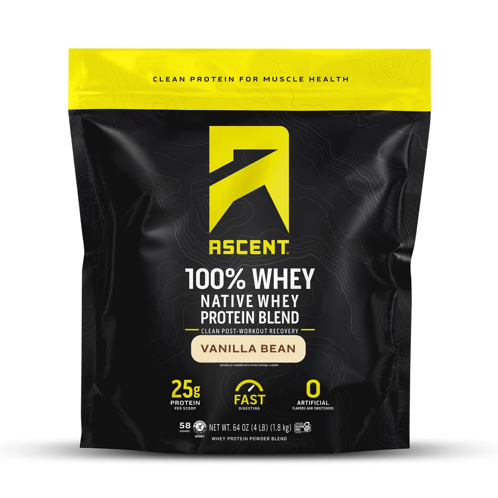 Ascent Native Whey Vanilla Bean powder for smooth shakes and quick post‑workout protein.
