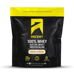 Ascent Native Whey Vanilla Bean powder for smooth shakes and quick post‑workout protein.