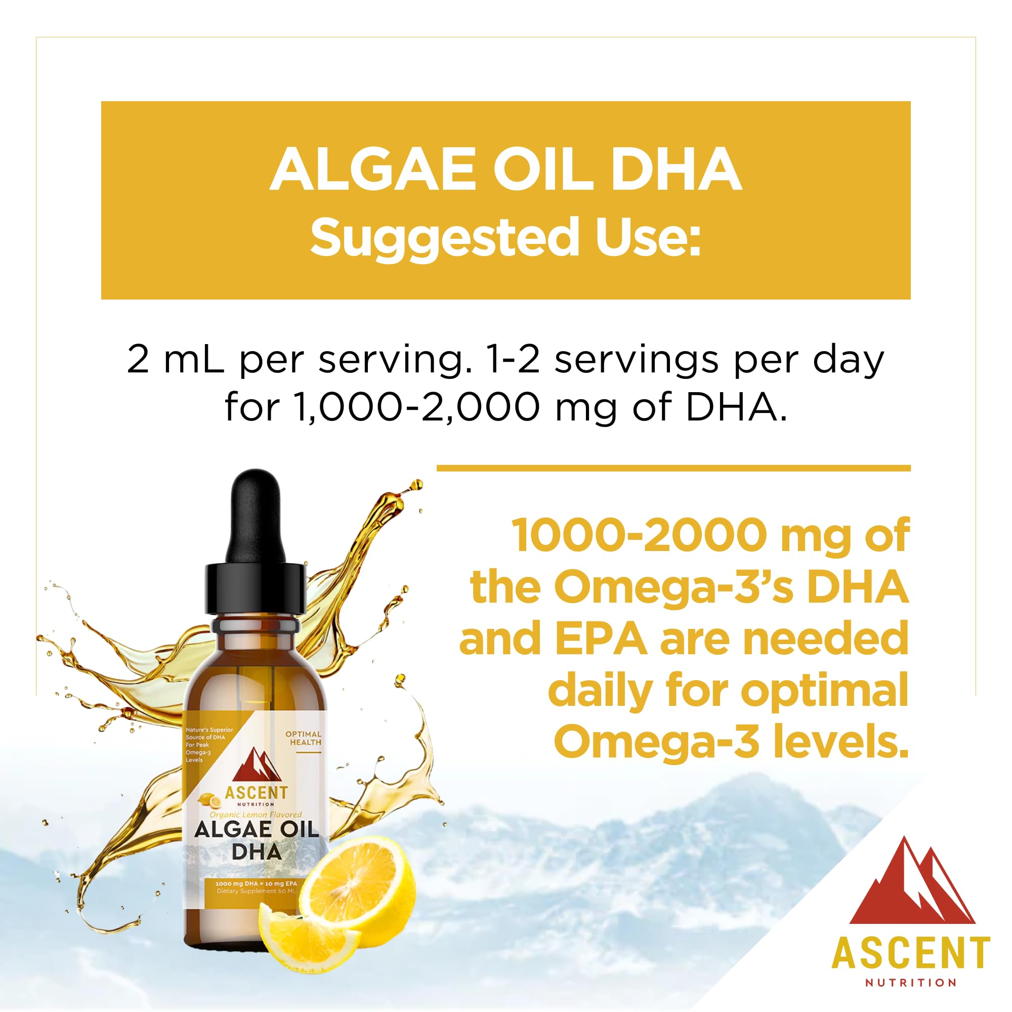 Dropper dispensing a 2 mL serving of Algae Oil DHA by Ascent Nutrition.