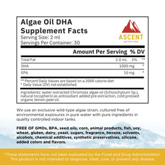 Pouring Ascent Nutrition algae oil DHA reveals golden, fish-free oil for easy daily supplementation.