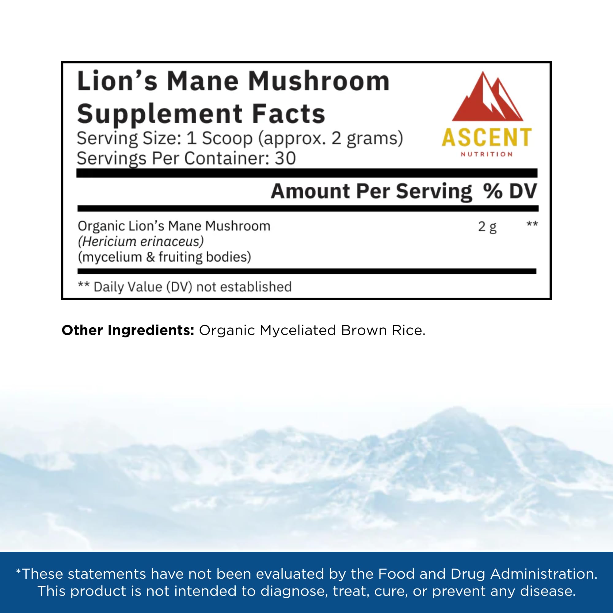 Ascent Nutrition Lions Mane powder, dual blend, rich in erinacines and hericenones.