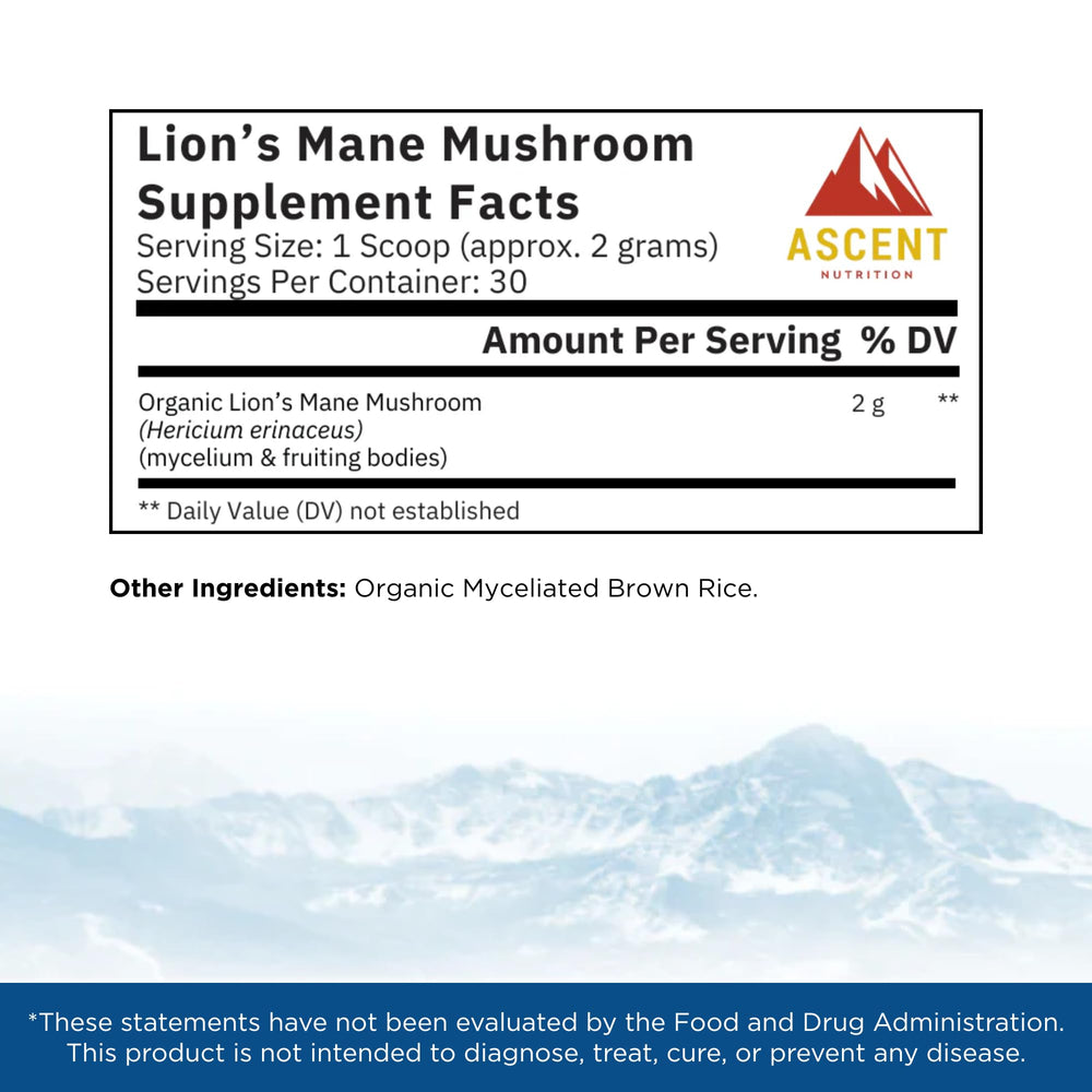 Ascent Nutrition Lions Mane powder, dual blend, rich in erinacines and hericenones.
