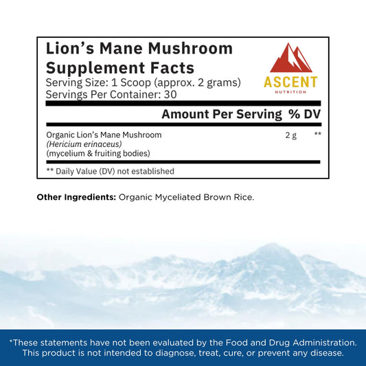Ascent Nutrition Lions Mane powder, dual blend, rich in erinacines and hericenones.