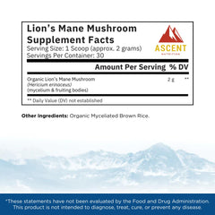 Ascent Nutrition Lions Mane powder, dual blend, rich in erinacines and hericenones.