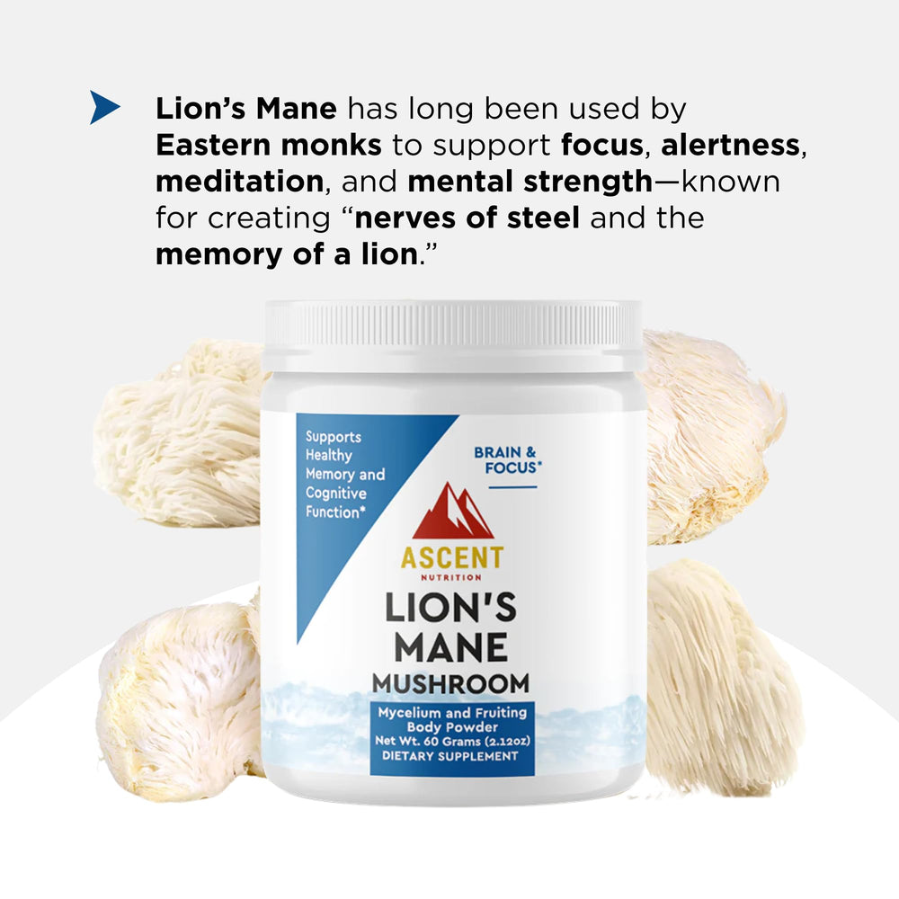 Ascent Nutrition Lions Mane powder shows mycelium and fruiting body components for rich active compounds.