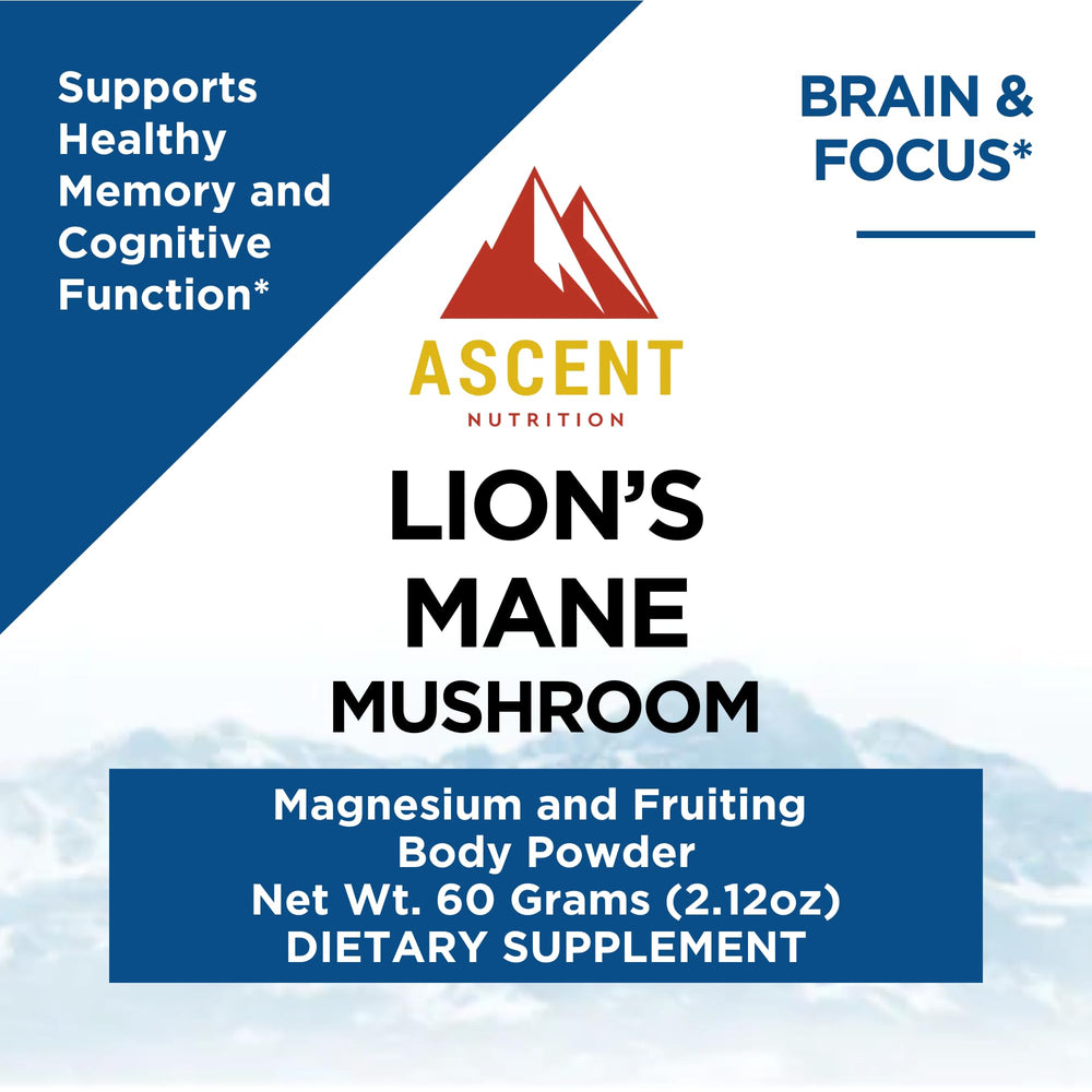 Ascent Nutrition Lions Mane powder, organic cultivation for clean, premium mushrooms.