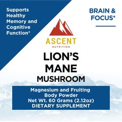 Ascent Nutrition Lions Mane powder, organic cultivation for clean, premium mushrooms.