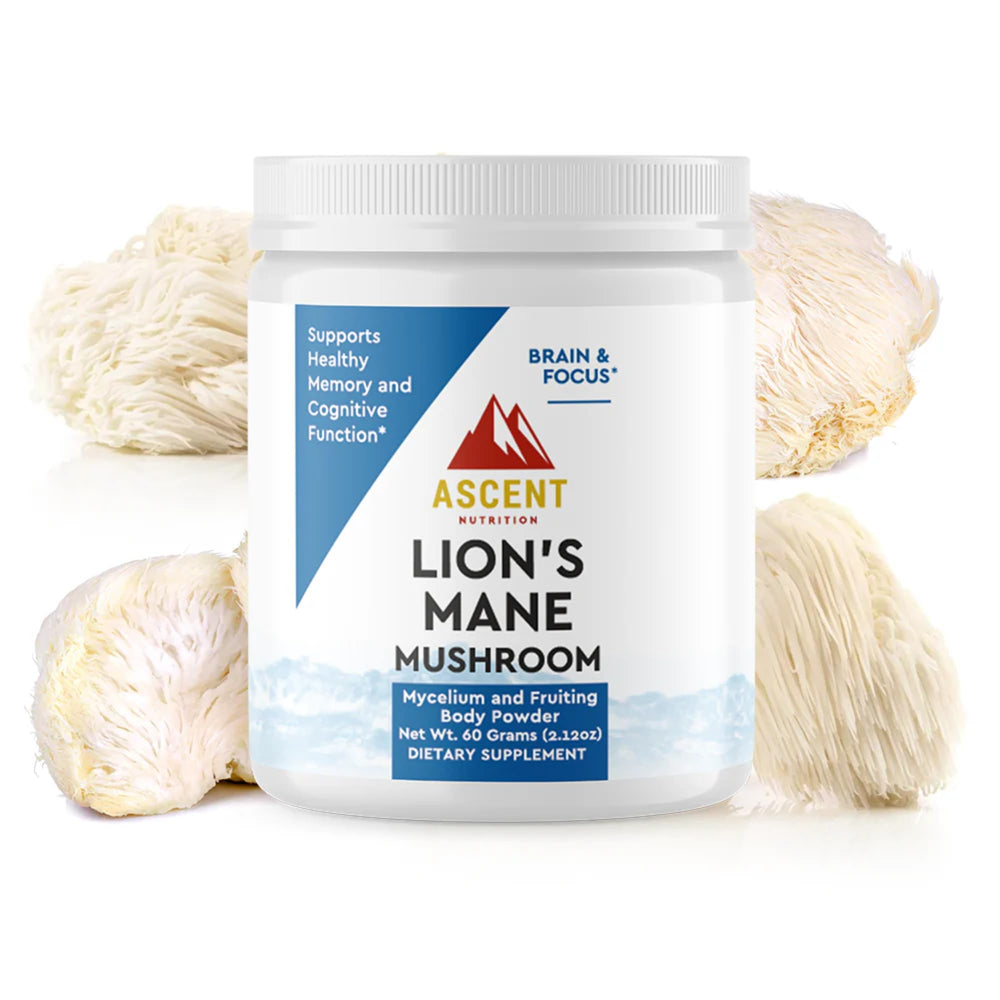 Ascent Nutrition Lions Mane powder bottle labeled USA-grown with brain-supporting potential.