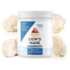 Ascent Nutrition Lions Mane powder bottle labeled USA-grown with brain-supporting potential.