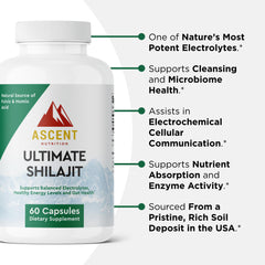 Ascent Nutrition Ultimate Shilajit packaging box emphasizes Himalayan sourcing and purity.
