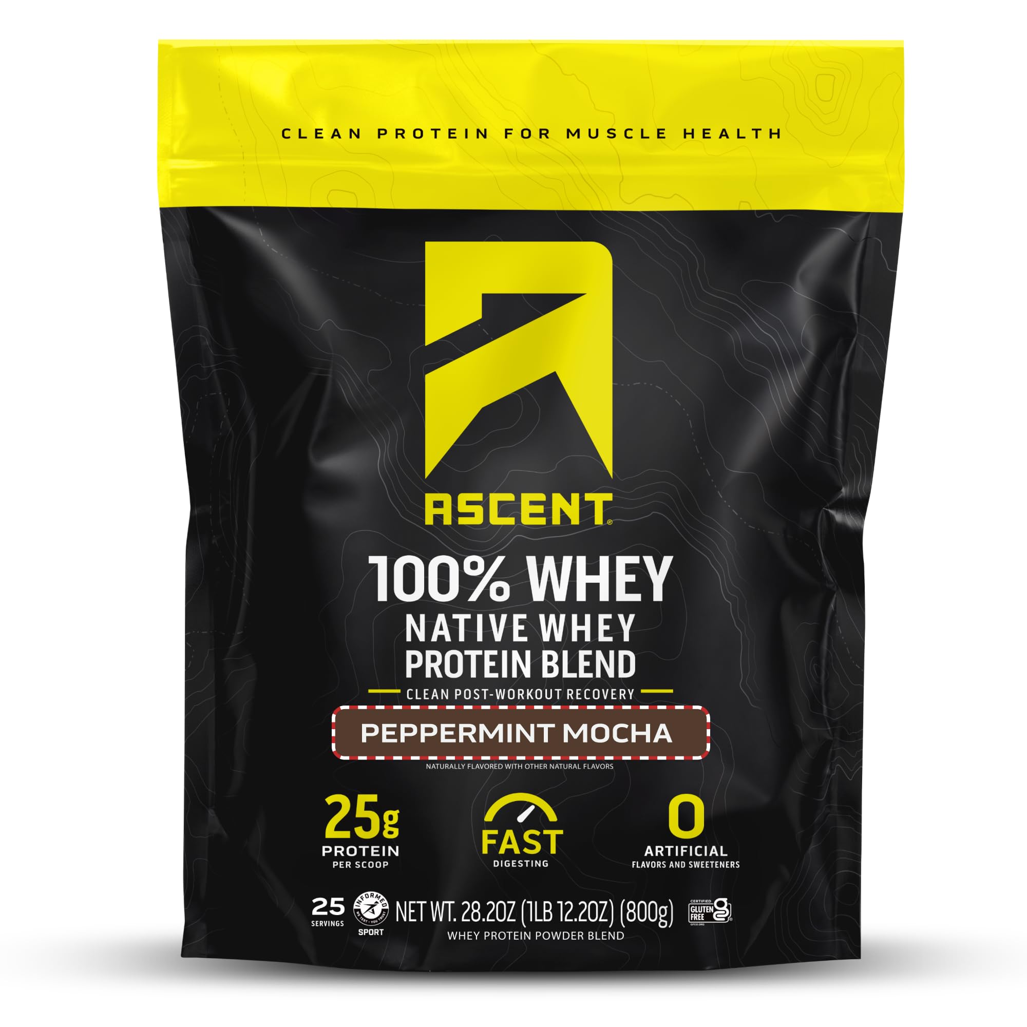Ascent Peppermint Mocha whey powder tub ready for a smooth mix.