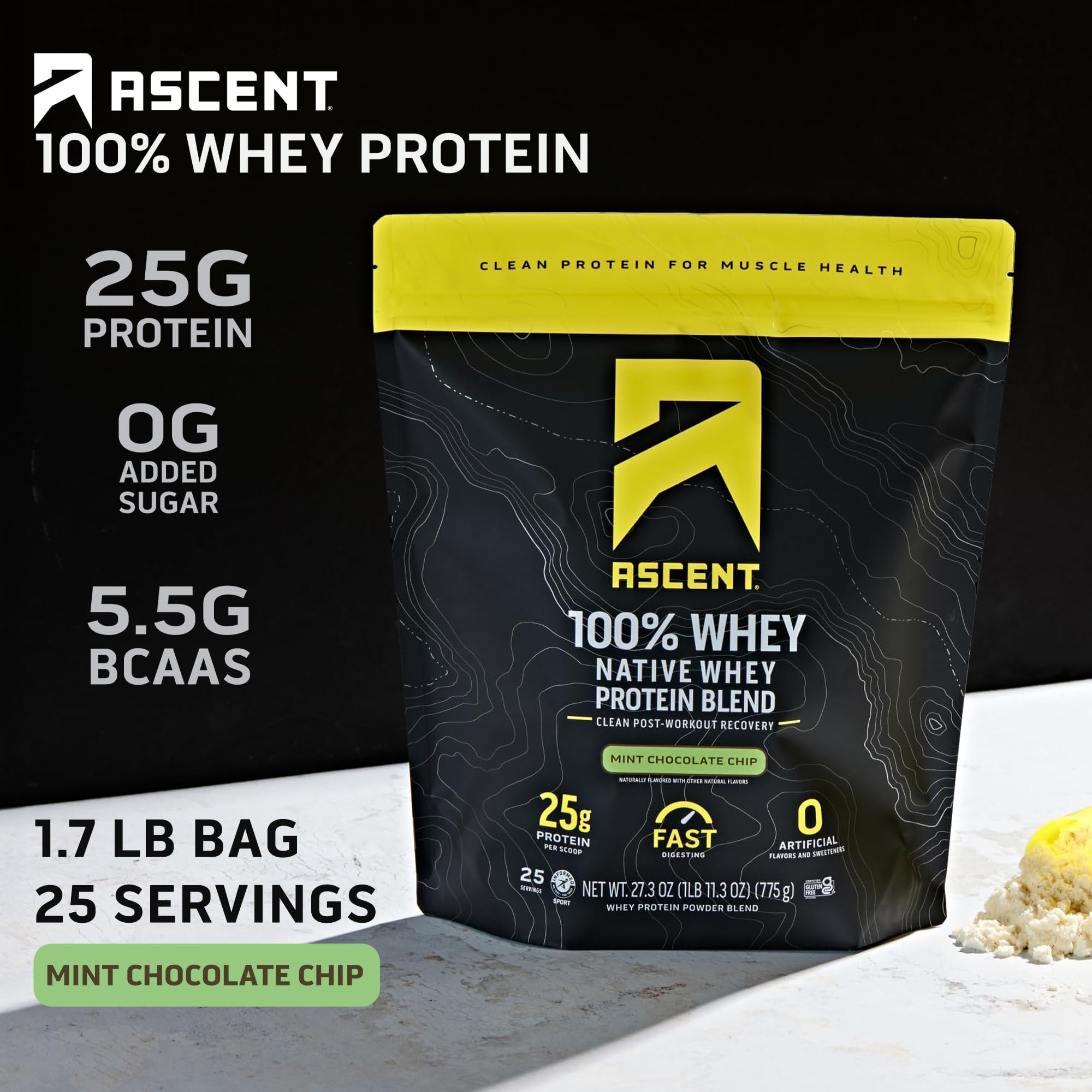 Ascent whey mint chocolate chip scoop demonstrates easy, high-protein serving